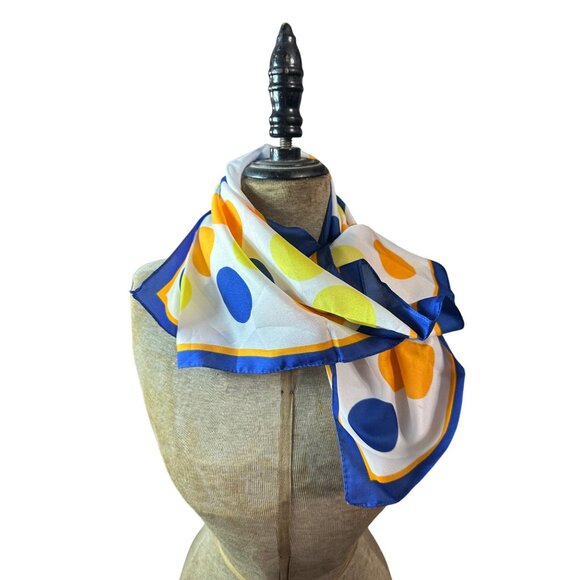 Vintage Italian Polka Dot Scarf 100% Polyester 26"x26" White With Blue Orange - Picture 1 of 5